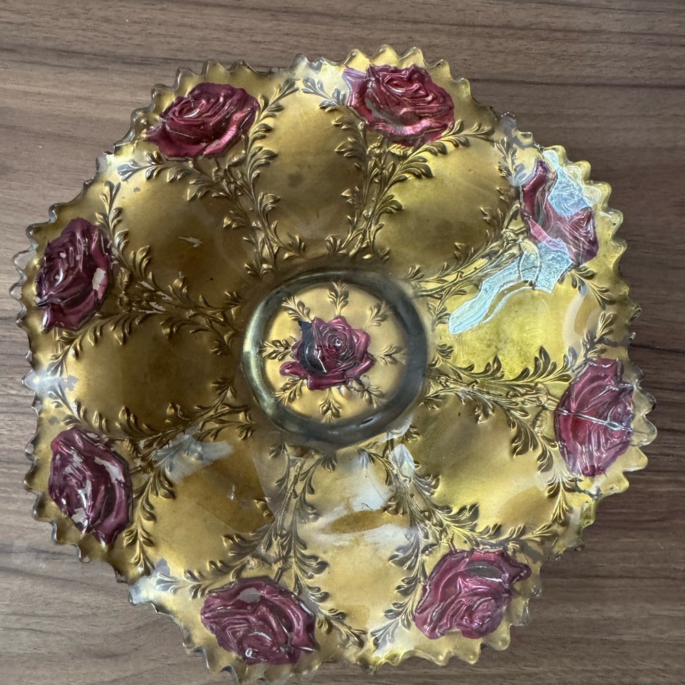 Vintage Floral Decorative Bowl with Red Roses